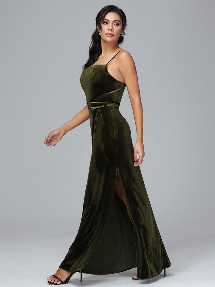 Spaghetti Straps Velvet Bridesmaid Dress With Slit