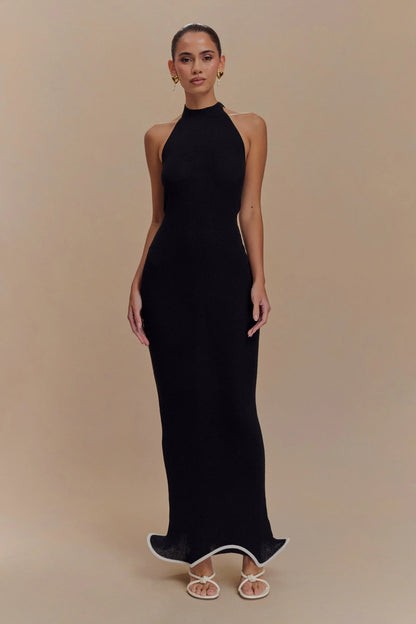 Melodie Halter Knit Maxi Dress - Black/White