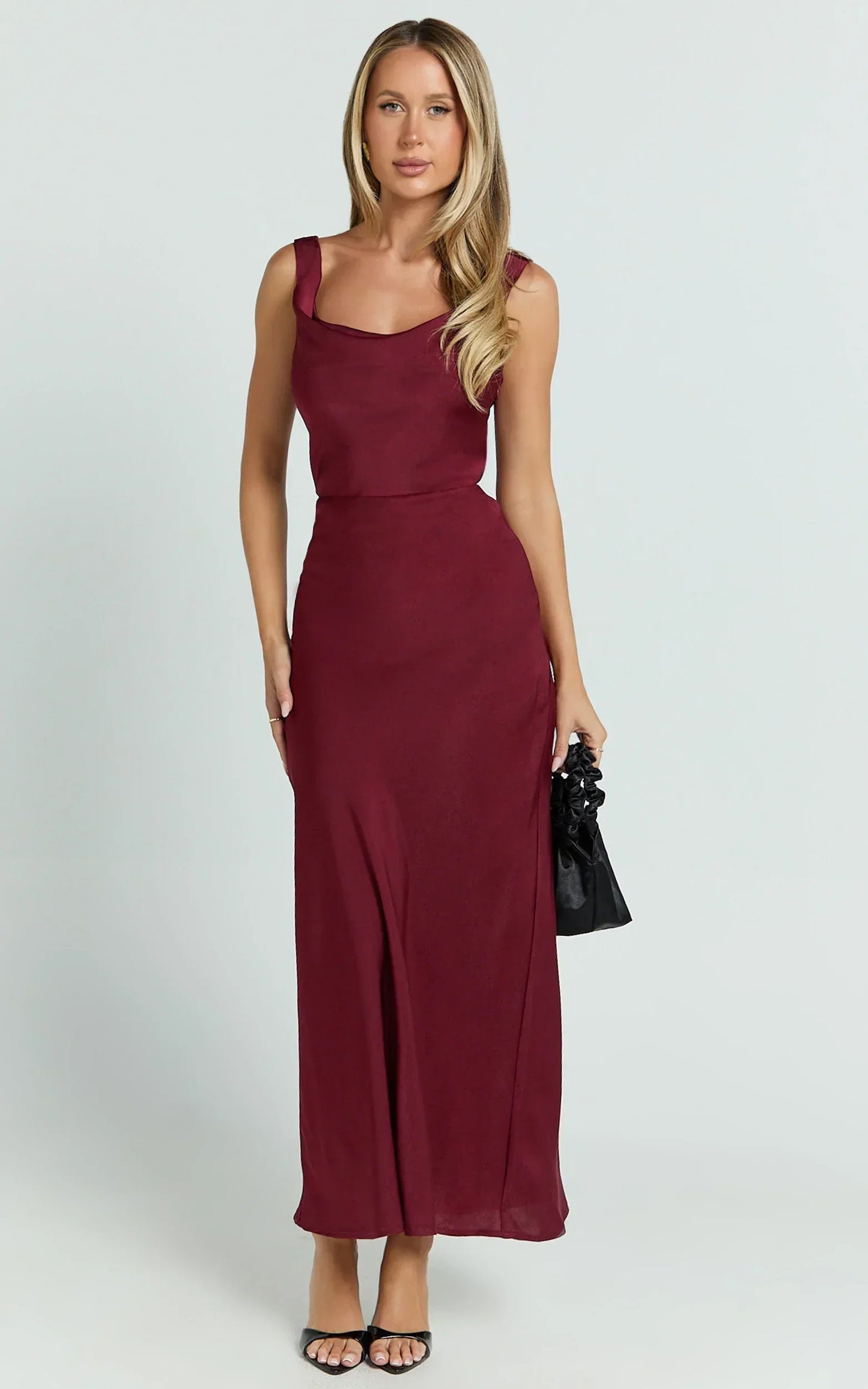 Dara Midi Dress Low Neck Sleeveless Slip Dress in Wine