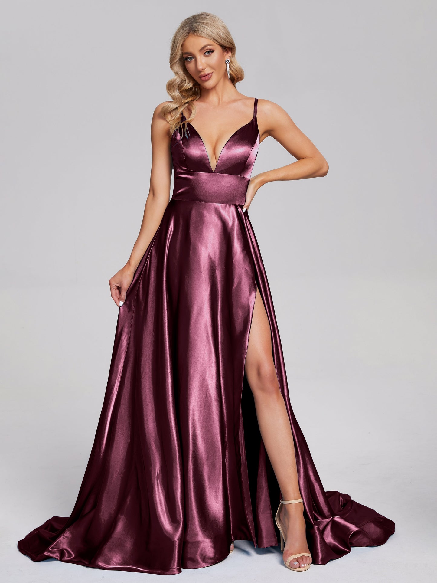 Jennifer Deep V-neck Side Slit Soft Satin Bridesmaid Dress
