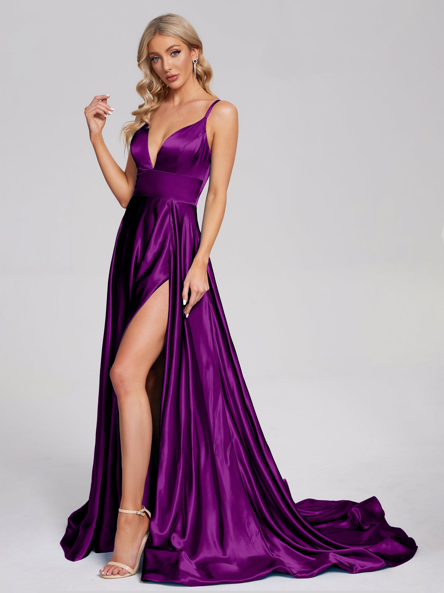 Jennifer Deep V-neck Side Slit Soft Satin Bridesmaid Dress