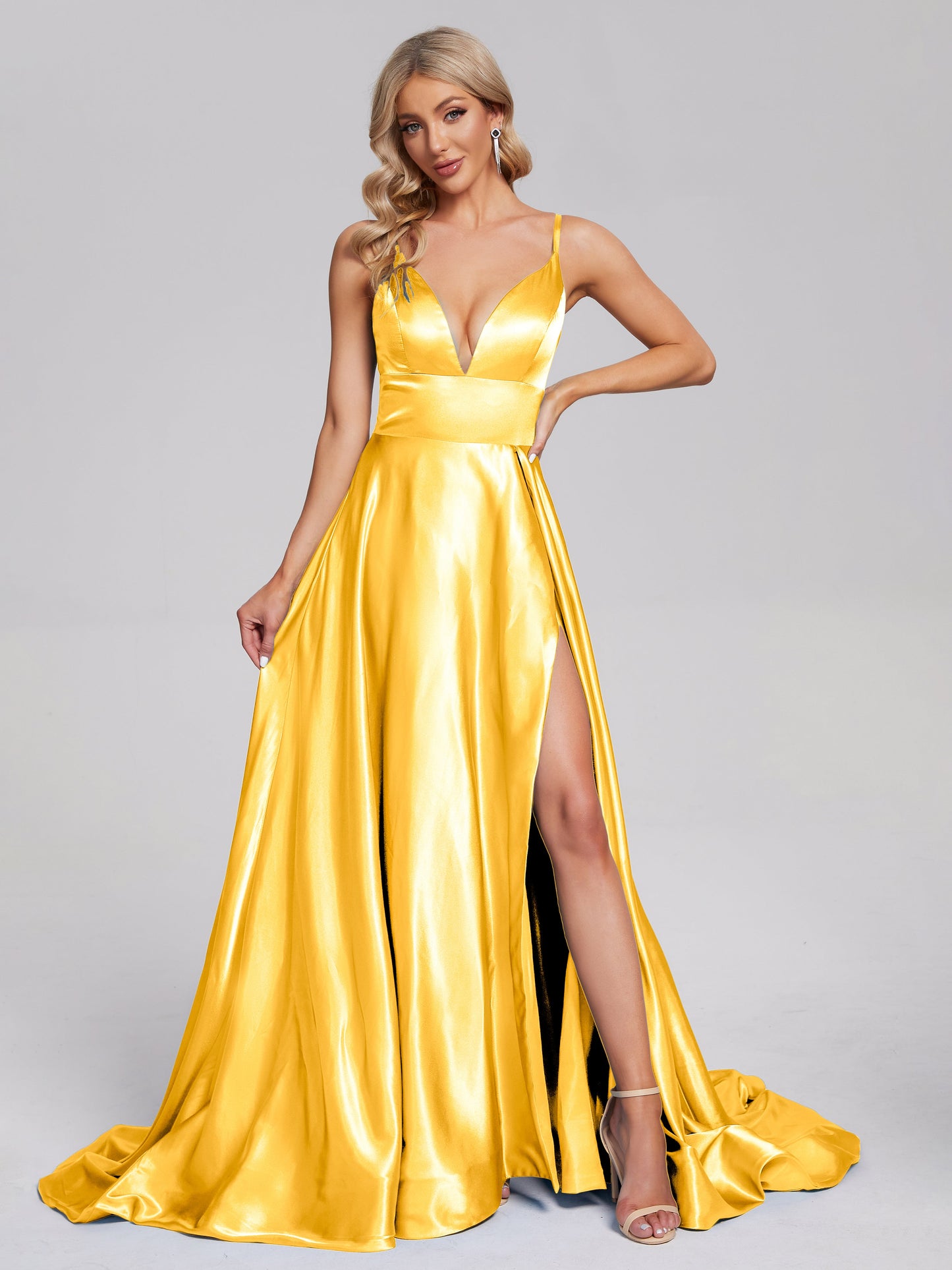 Jennifer Deep V-neck Side Slit Soft Satin Bridesmaid Dress