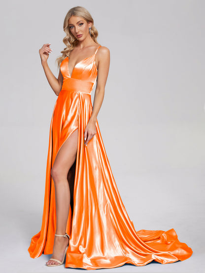 Jennifer Deep V-neck Side Slit Soft Satin Bridesmaid Dress