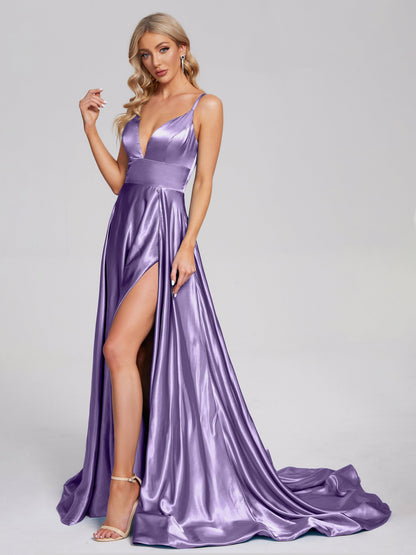 Jennifer Deep V-neck Side Slit Soft Satin Bridesmaid Dress