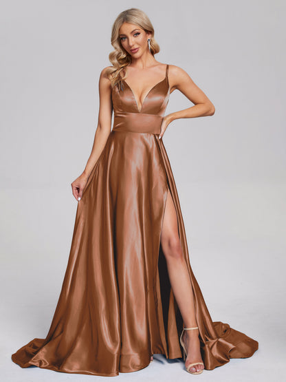 Jennifer Deep V-neck Side Slit Soft Satin Bridesmaid Dress