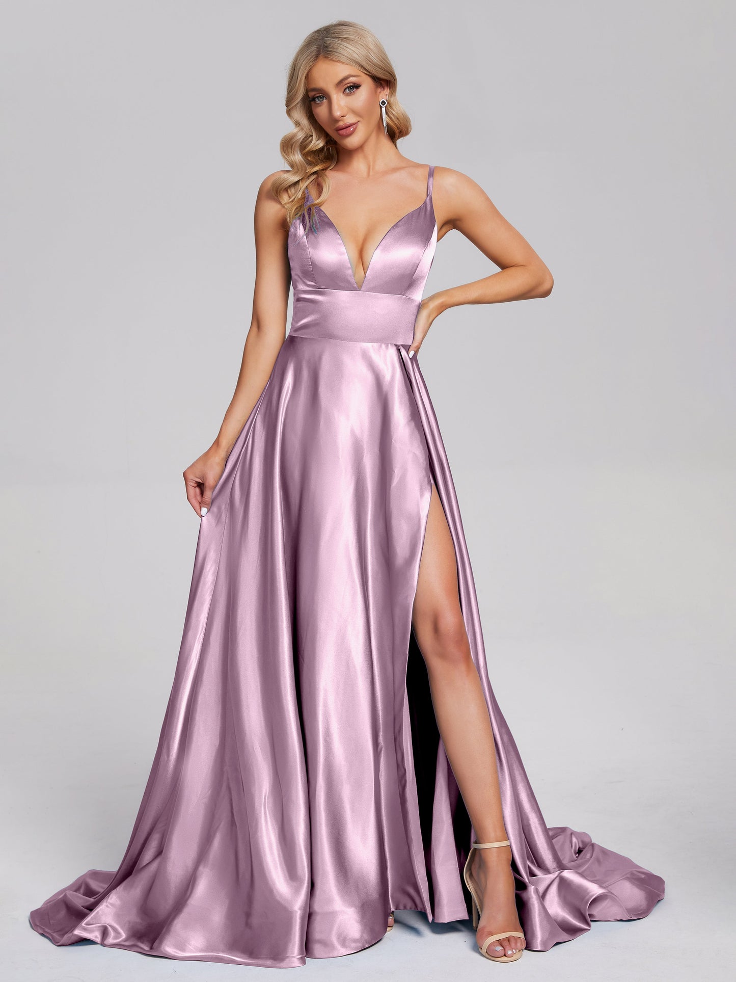 Jennifer Deep V-neck Side Slit Soft Satin Bridesmaid Dress