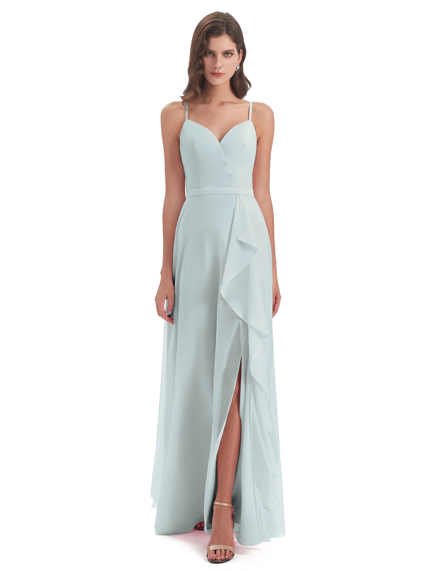 Delilah Sheath Spaghetti Straps Chiffon Long Bridesmaid Dresses