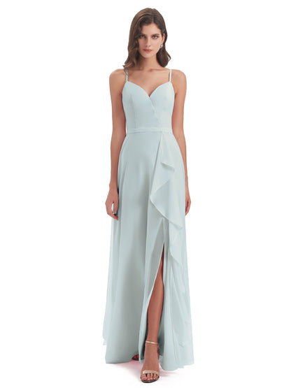 Delilah Sheath Spaghetti Straps Chiffon Long Bridesmaid Dresses