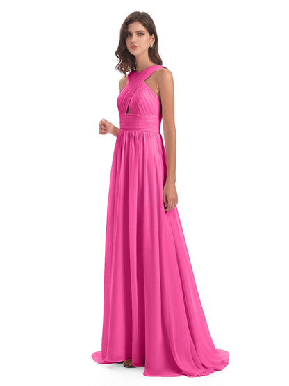 Desiree A-line Sweep Train Chiffon Long Bridesmaid Dresses