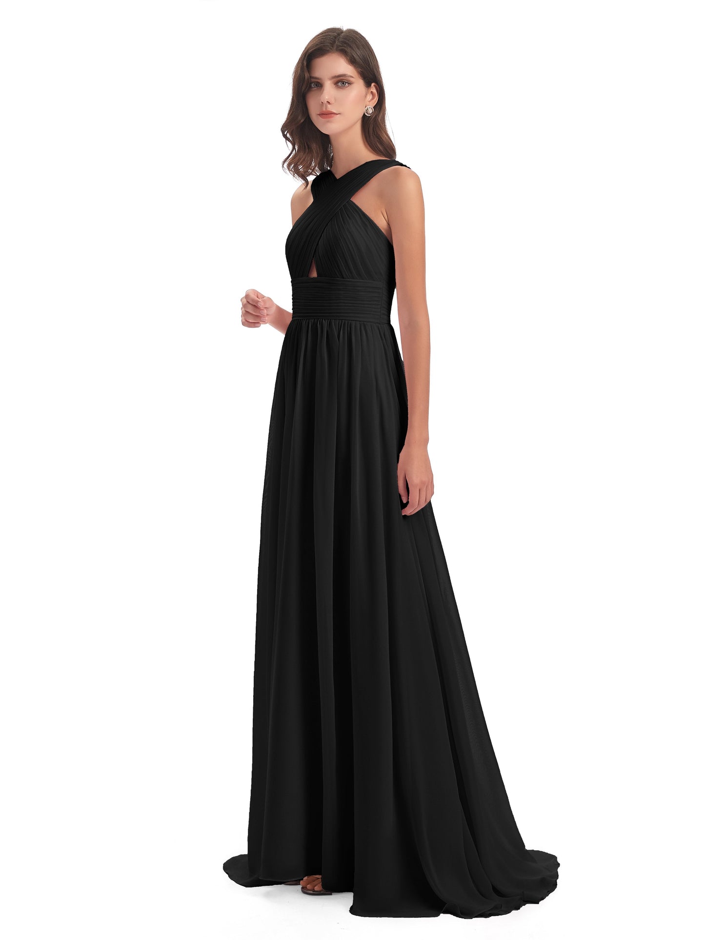 Desiree A-line Sweep Train Chiffon Long Bridesmaid Dresses