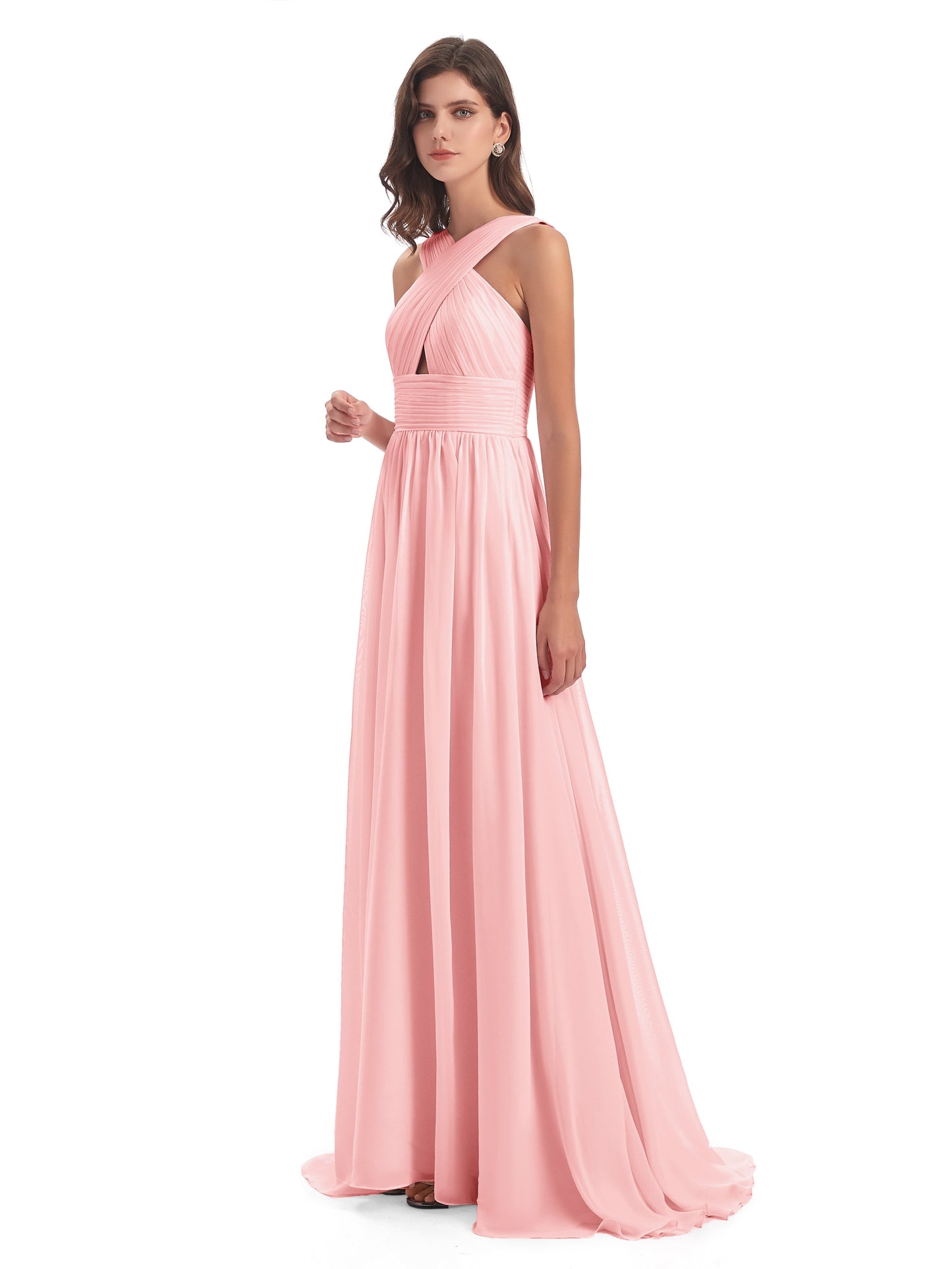 Desiree A-line Sweep Train Chiffon Long Bridesmaid Dresses