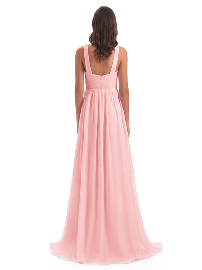 Desiree A-line Sweep Train Chiffon Long Bridesmaid Dresses