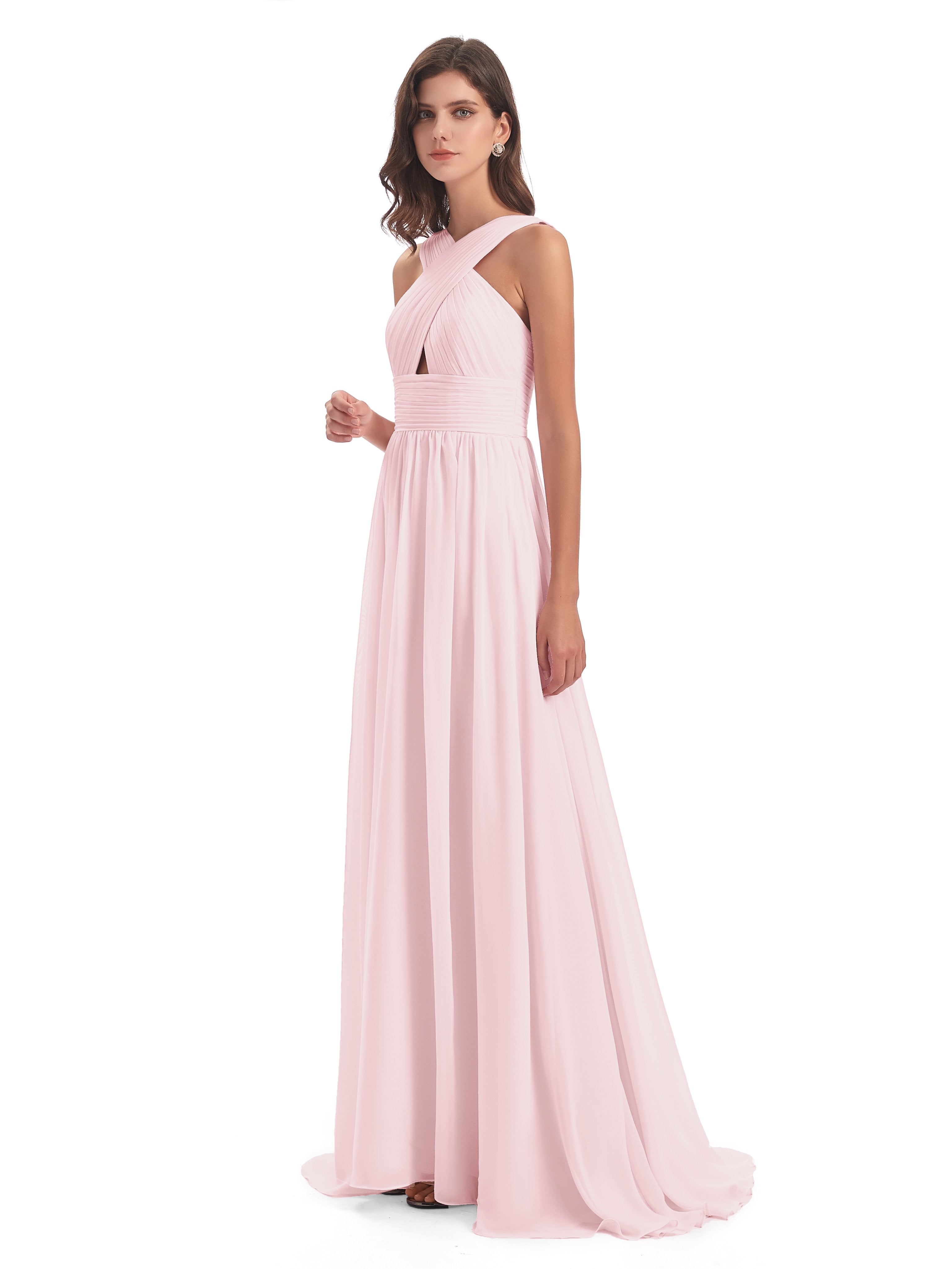Desiree A-line Sweep Train Chiffon Long Bridesmaid Dresses