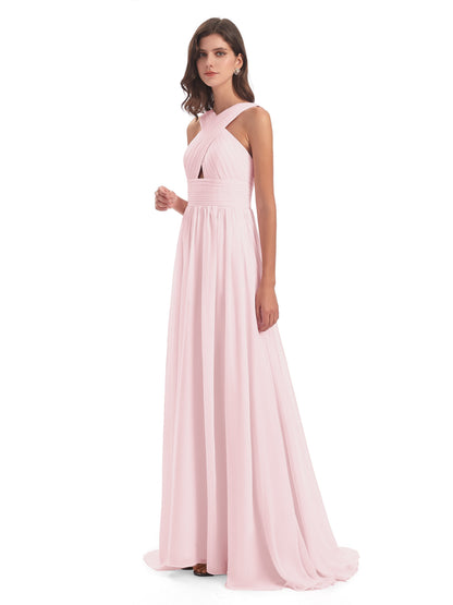 Desiree A-line Sweep Train Chiffon Long Bridesmaid Dresses