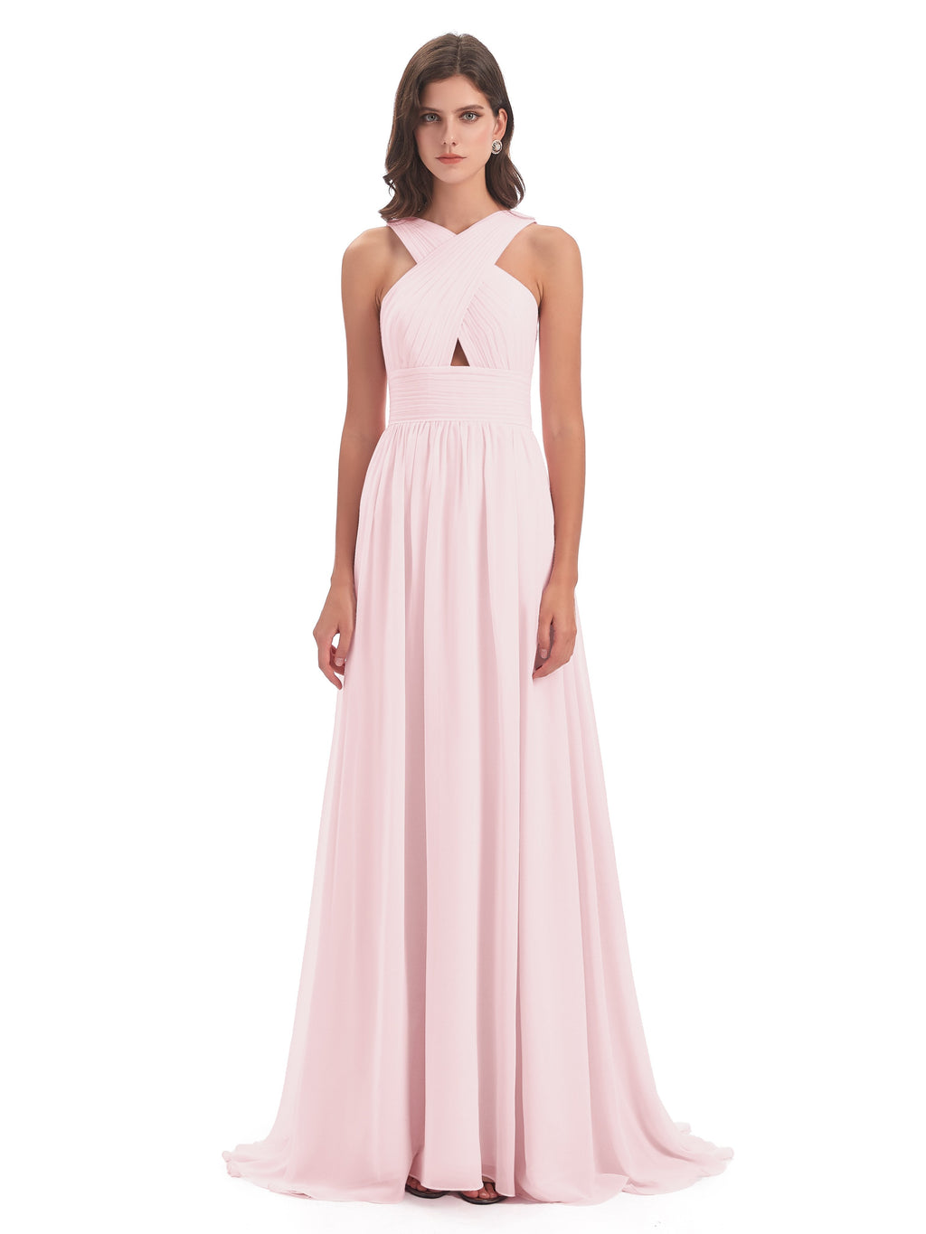 Desiree A-line Sweep Train Chiffon Long Bridesmaid Dresses