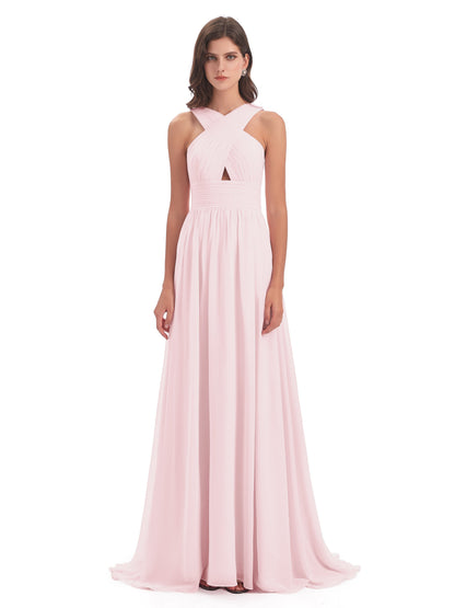 Desiree A-line Sweep Train Chiffon Long Bridesmaid Dresses