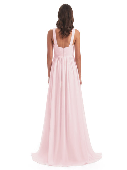 Desiree A-line Sweep Train Chiffon Long Bridesmaid Dresses