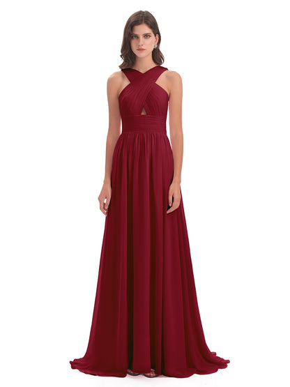 Desiree A-line Sweep Train Chiffon Long Bridesmaid Dresses