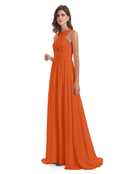 Desiree A-line Sweep Train Chiffon Long Bridesmaid Dresses