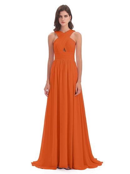 Desiree A-line Sweep Train Chiffon Long Bridesmaid Dresses