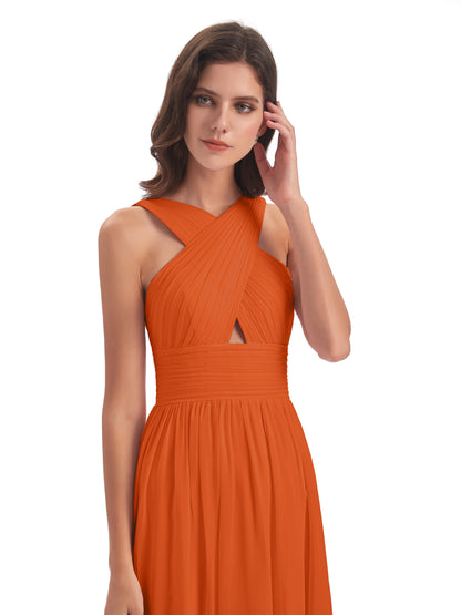 Desiree A-line Sweep Train Chiffon Long Bridesmaid Dresses