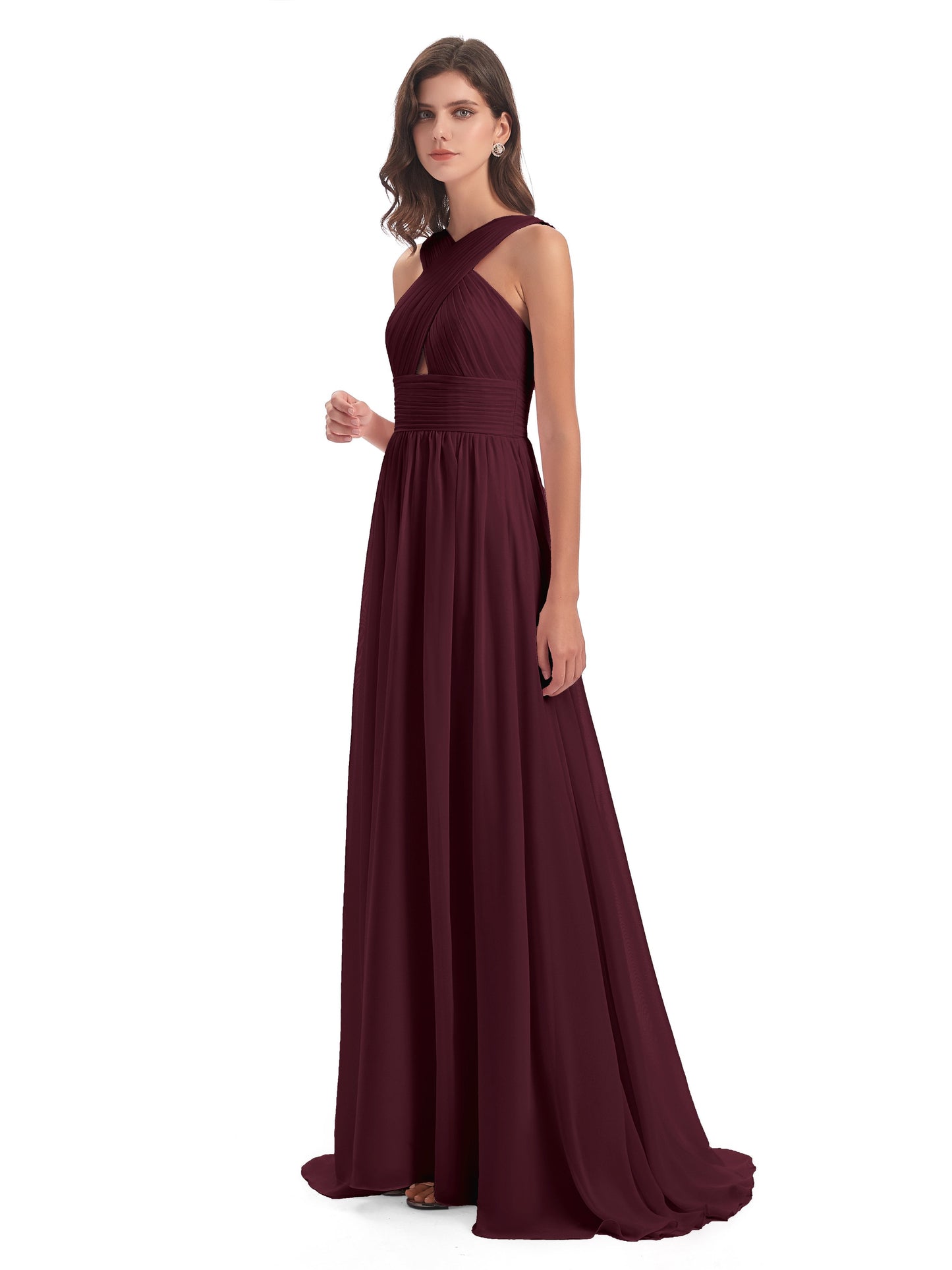 Desiree A-line Sweep Train Chiffon Long Bridesmaid Dresses