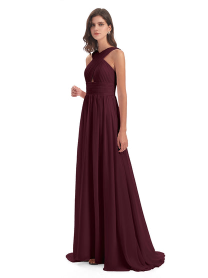 Desiree A-line Sweep Train Chiffon Long Bridesmaid Dresses