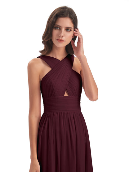 Desiree A-line Sweep Train Chiffon Long Bridesmaid Dresses
