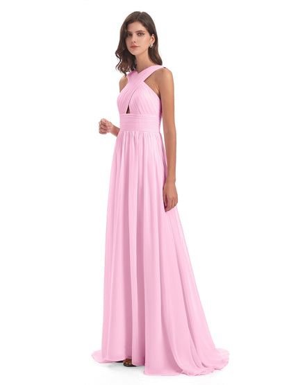 Desiree A-line Sweep Train Chiffon Long Bridesmaid Dresses