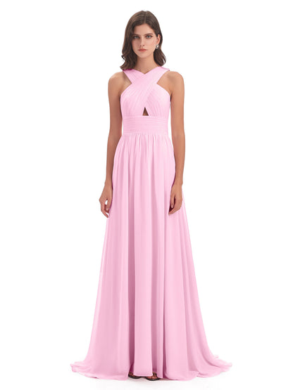 Desiree A-line Sweep Train Chiffon Long Bridesmaid Dresses
