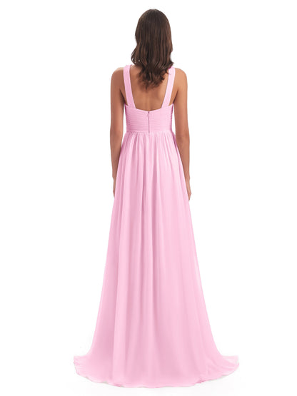Desiree A-line Sweep Train Chiffon Long Bridesmaid Dresses