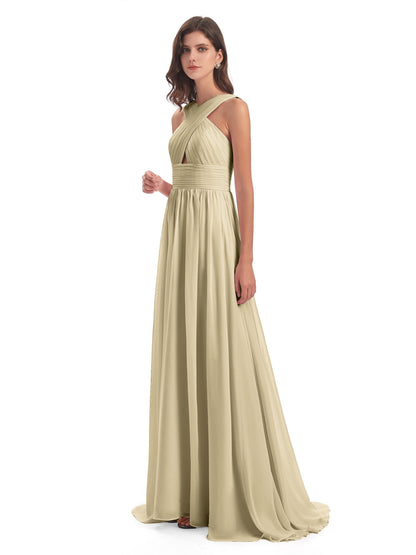 Desiree A-line Sweep Train Chiffon Long Bridesmaid Dresses