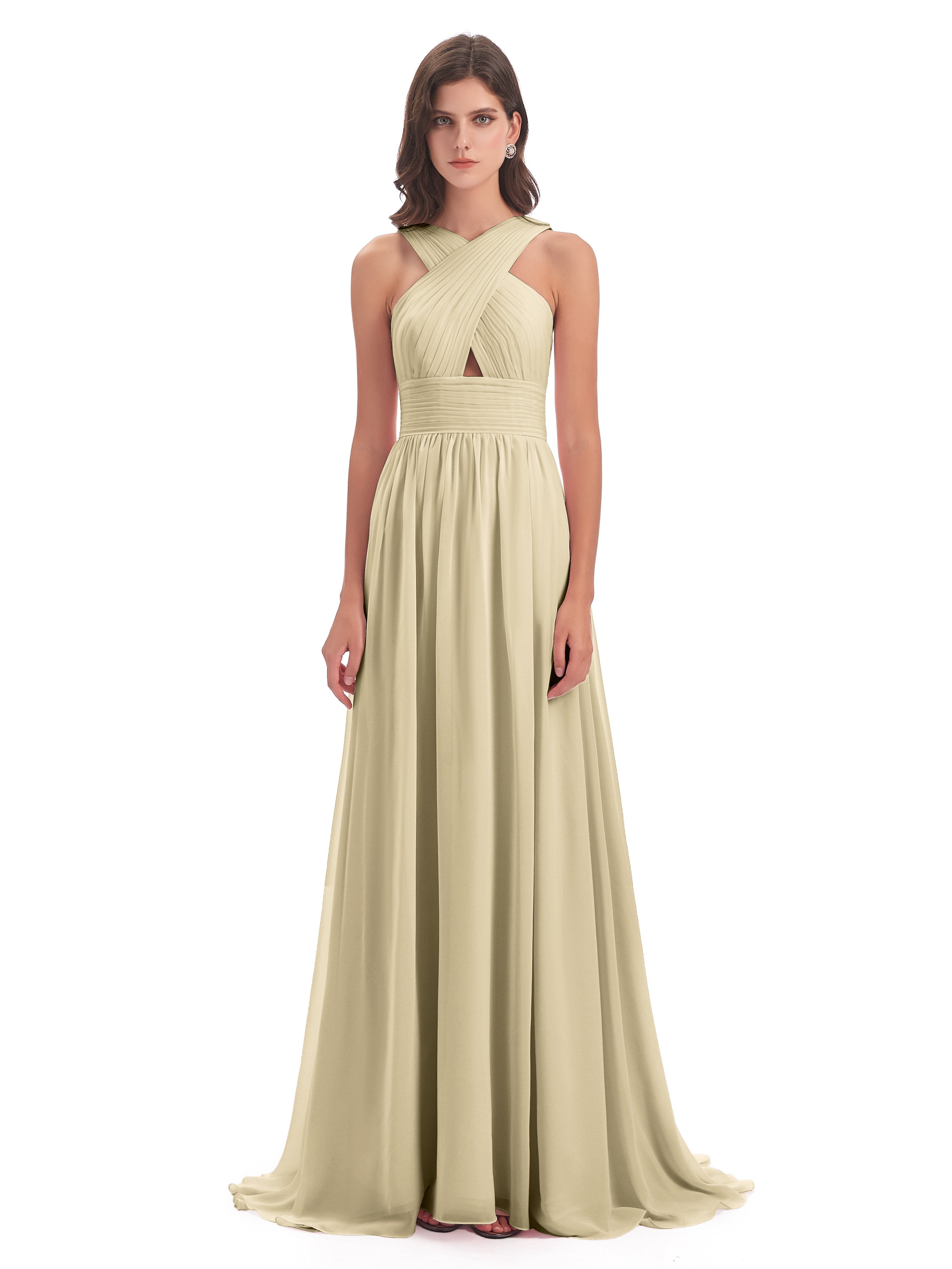 Desiree A-line Sweep Train Chiffon Long Bridesmaid Dresses