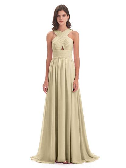 Desiree A-line Sweep Train Chiffon Long Bridesmaid Dresses