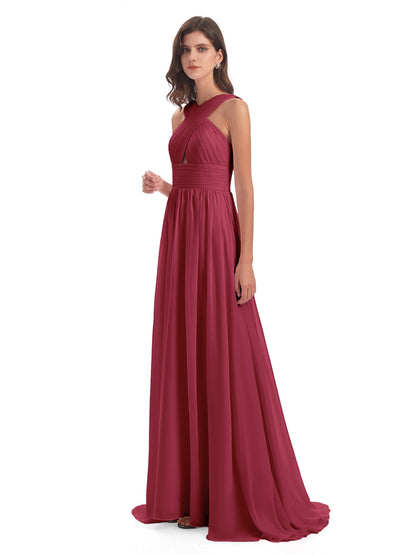 Desiree A-line Sweep Train Chiffon Long Bridesmaid Dresses