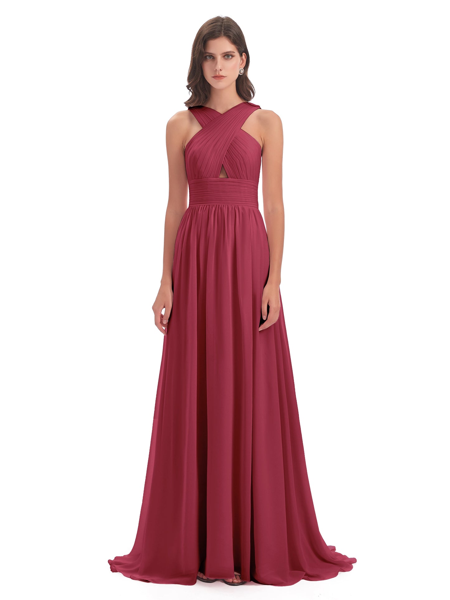 Desiree A-line Sweep Train Chiffon Long Bridesmaid Dresses