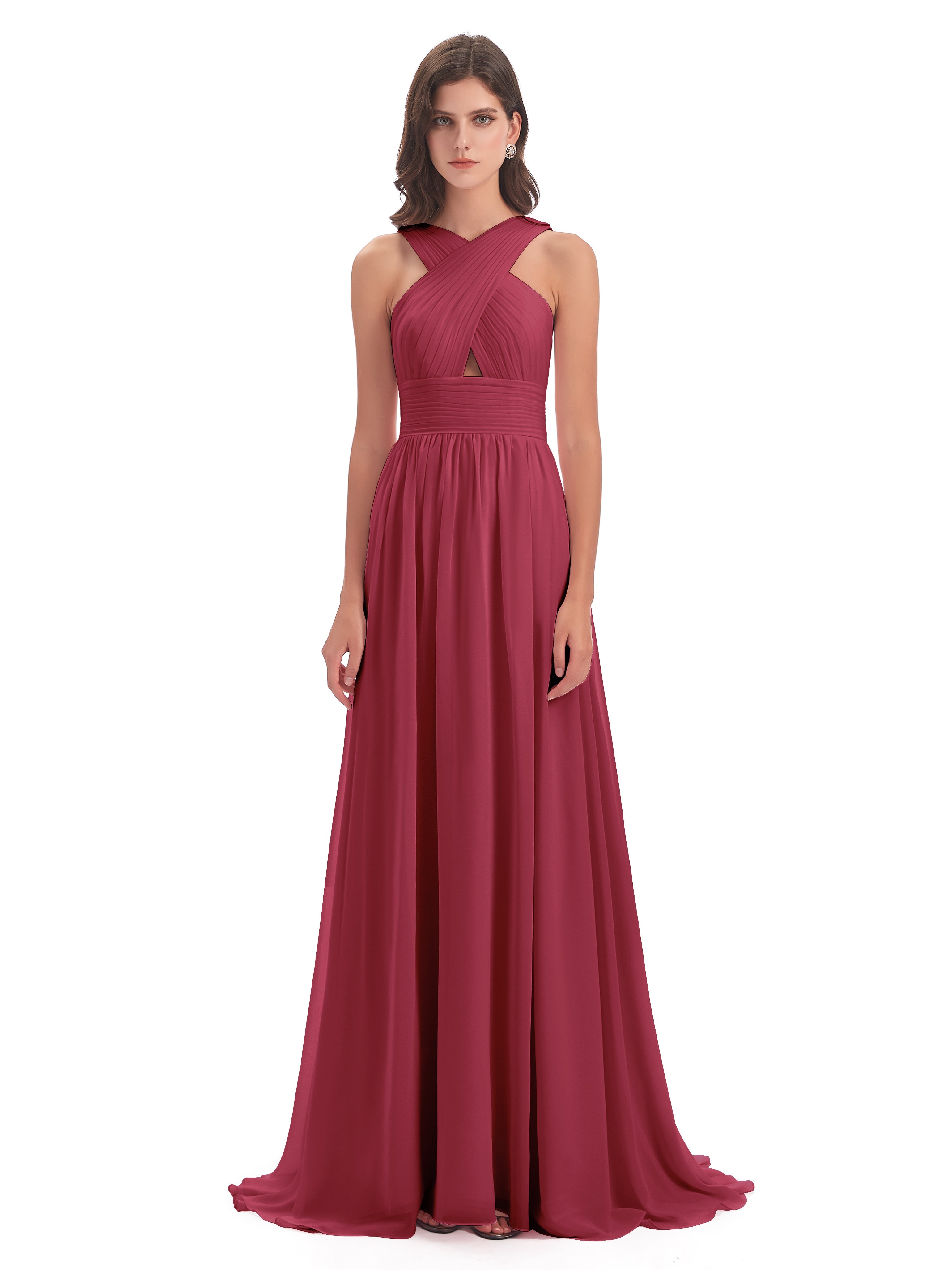 Desiree A-line Sweep Train Chiffon Long Bridesmaid Dresses
