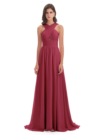 Desiree A-line Sweep Train Chiffon Long Bridesmaid Dresses
