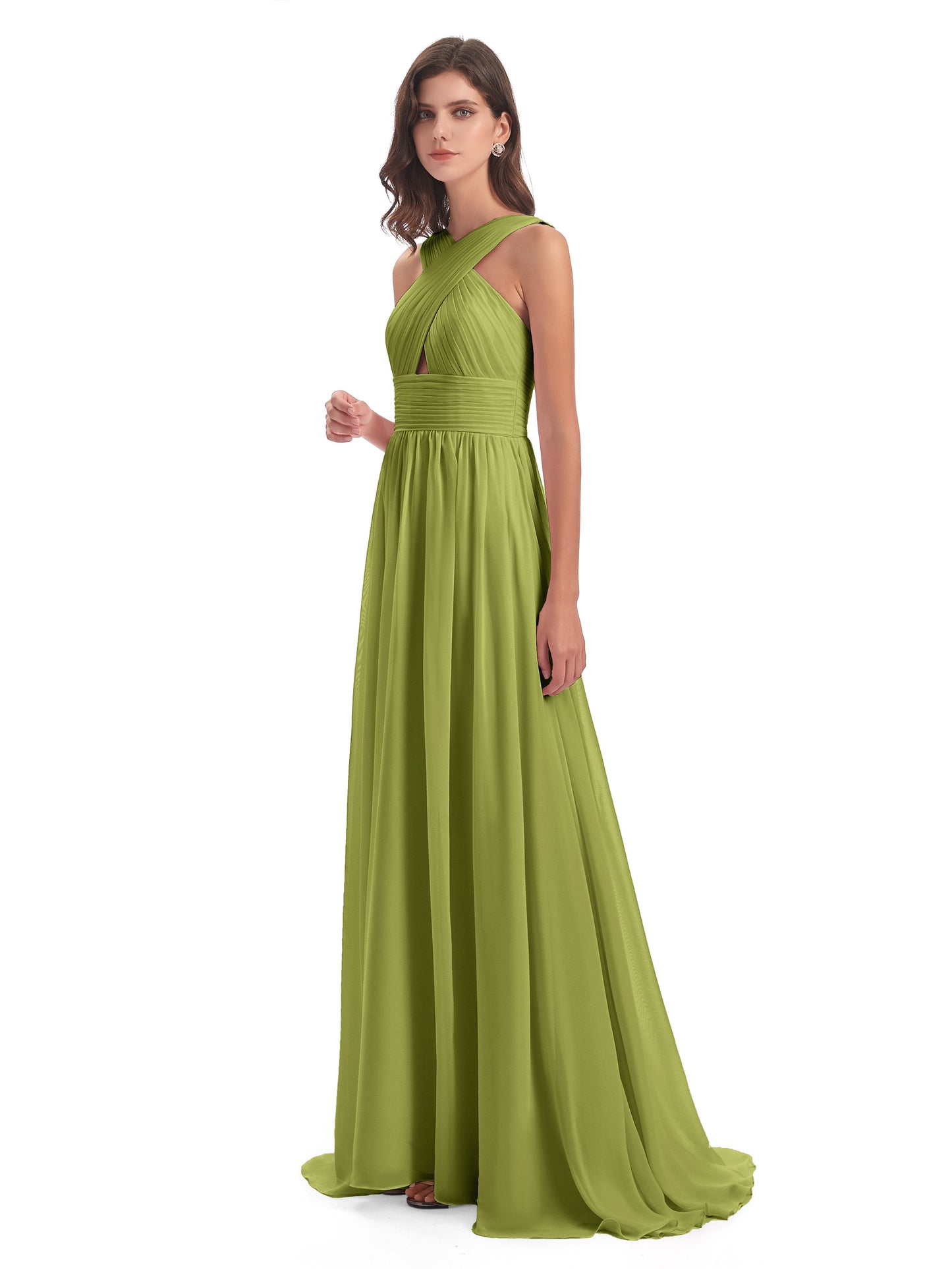 Desiree A-line Sweep Train Chiffon Long Bridesmaid Dresses