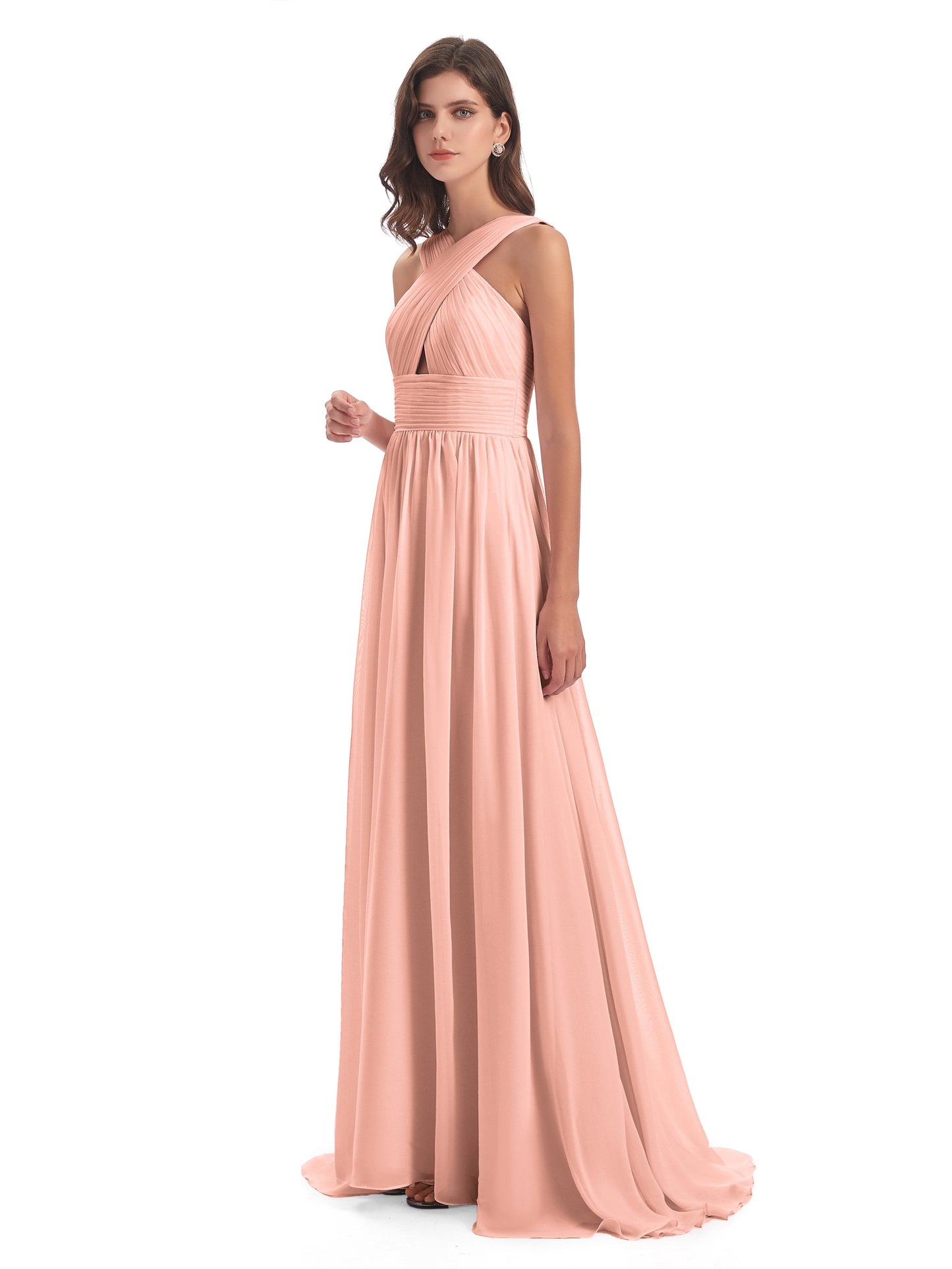 Desiree A-line Sweep Train Chiffon Long Bridesmaid Dresses