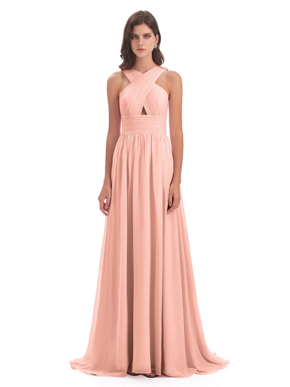 Desiree A-line Sweep Train Chiffon Long Bridesmaid Dresses