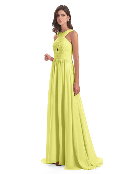 Desiree A-line Sweep Train Chiffon Long Bridesmaid Dresses