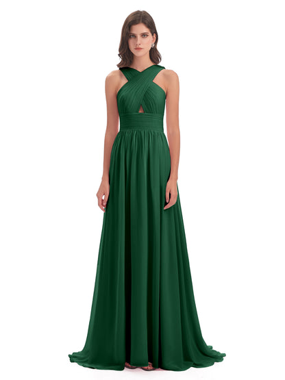 Desiree A-line Sweep Train Chiffon Long Bridesmaid Dresses