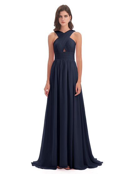 Desiree A-line Sweep Train Chiffon Long Bridesmaid Dresses