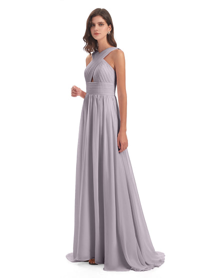 Desiree A-line Sweep Train Chiffon Long Bridesmaid Dresses