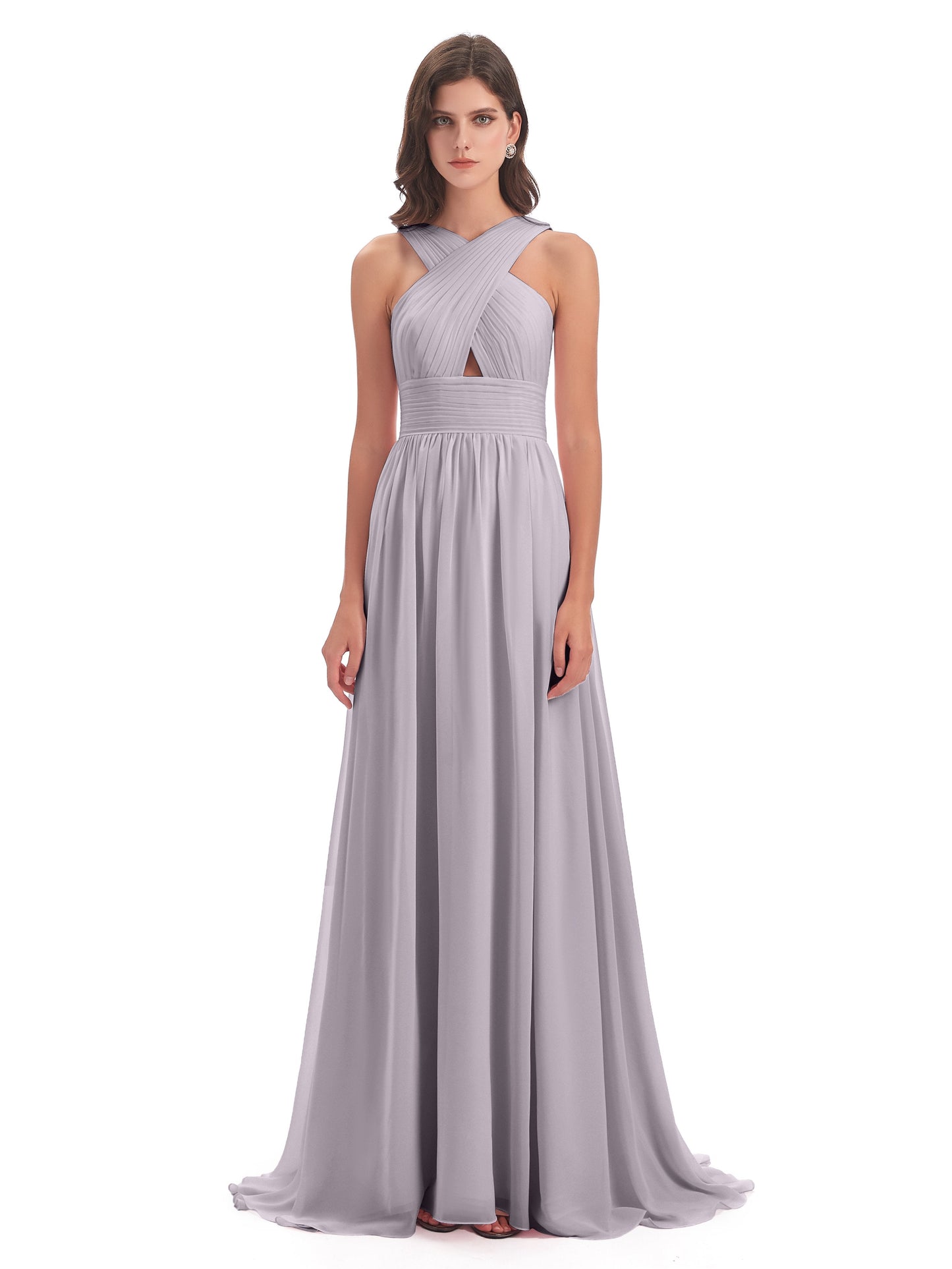 Desiree A-line Sweep Train Chiffon Long Bridesmaid Dresses