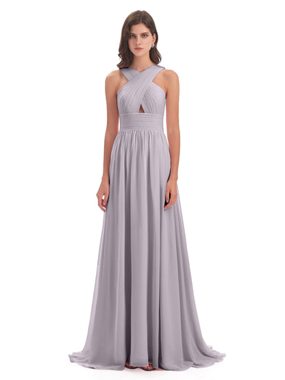 Desiree A-line Sweep Train Chiffon Long Bridesmaid Dresses