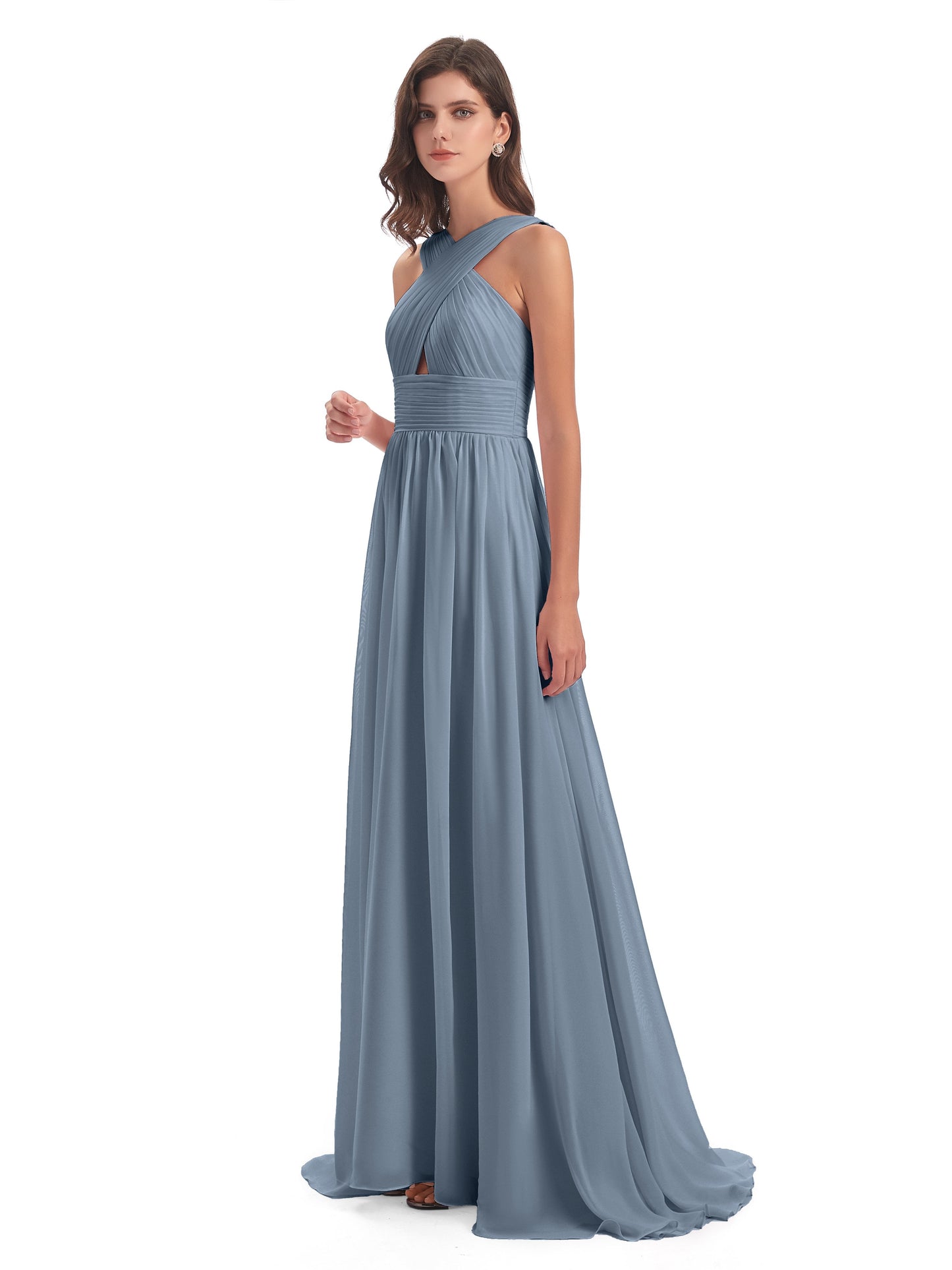 Desiree A-line Sweep Train Chiffon Long Bridesmaid Dresses