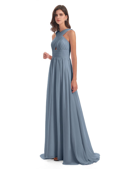 Desiree A-line Sweep Train Chiffon Long Bridesmaid Dresses