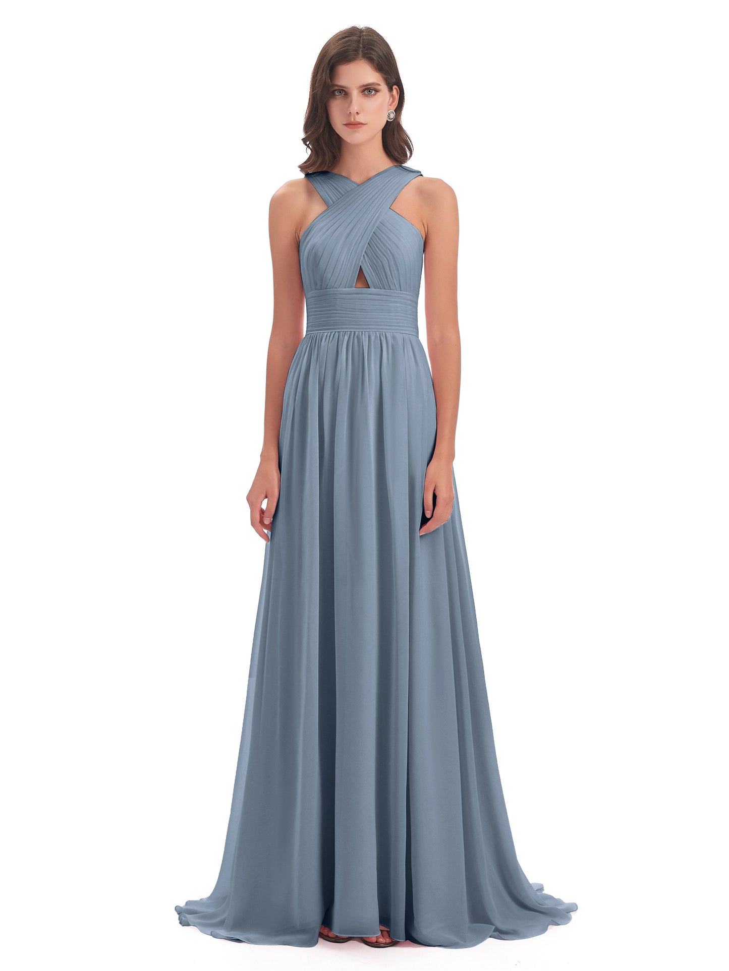 Desiree A-line Sweep Train Chiffon Long Bridesmaid Dresses